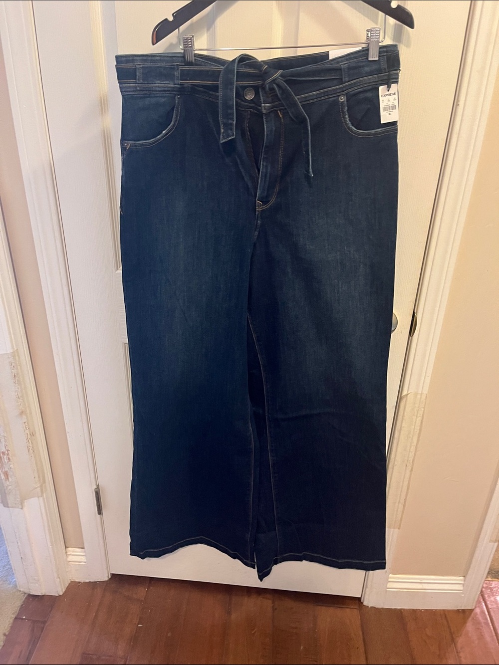 Express Dark Blue Wide-Leg Jeans with Self Tie Waist